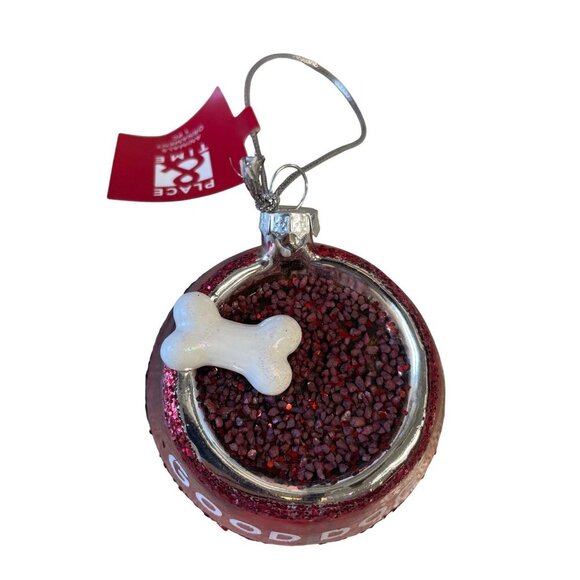 Good Dog Red Glitter Dog Bowl Christmas Holiday Ornament With Bone Design - Picture 3 of 3